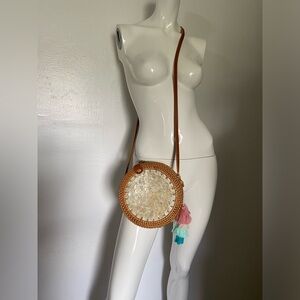 Round Rattan Leather Woven Crossbody Bag